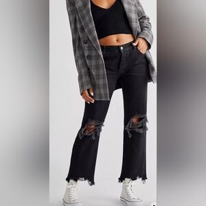 Free People Maggie Mid-Rise Button Fly Crop Straight-Leg Jeans Black Size 30